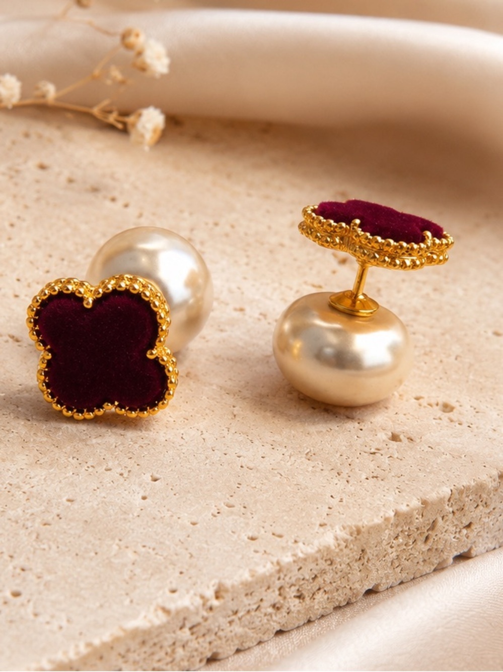 Burgundy Velvet Clover & Pearl Reversible Stud Clover Earrings